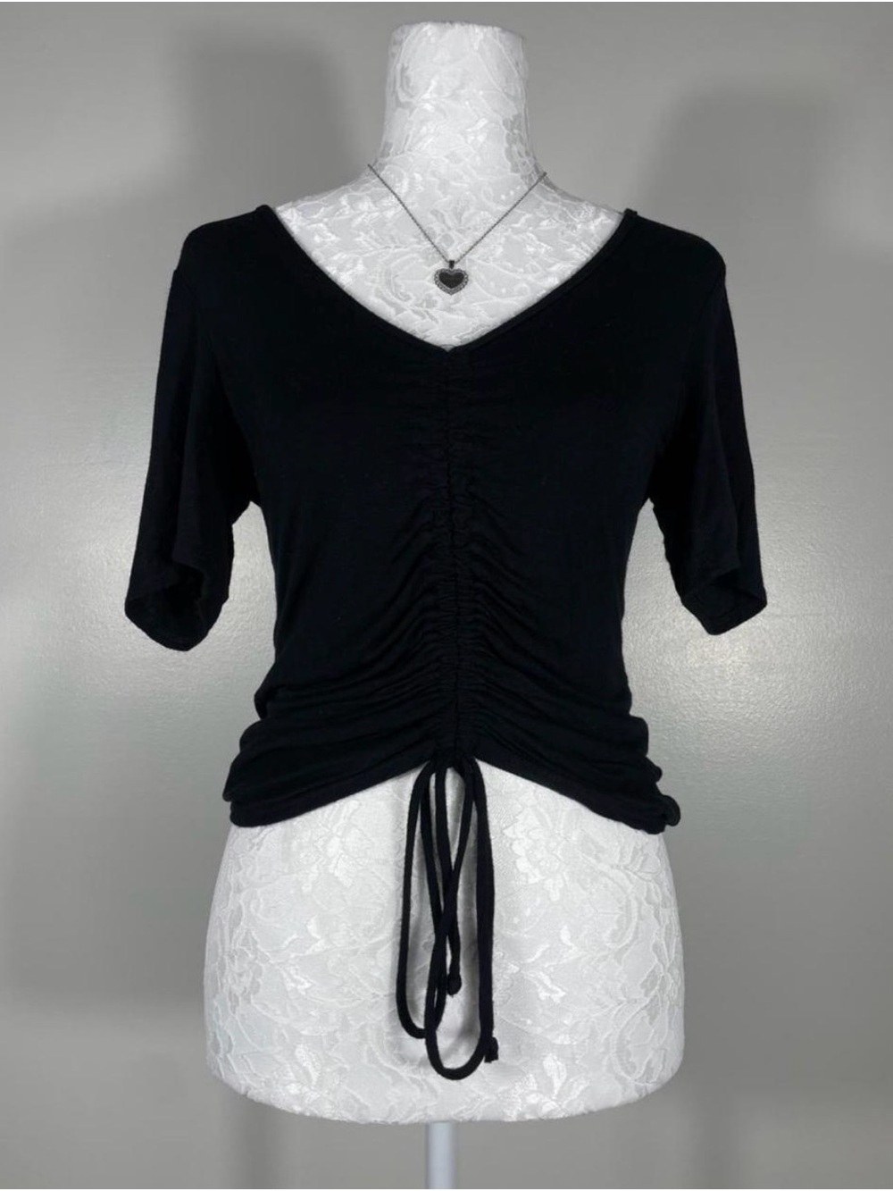 Ruched V-Neck Black Drawstring Crop Top